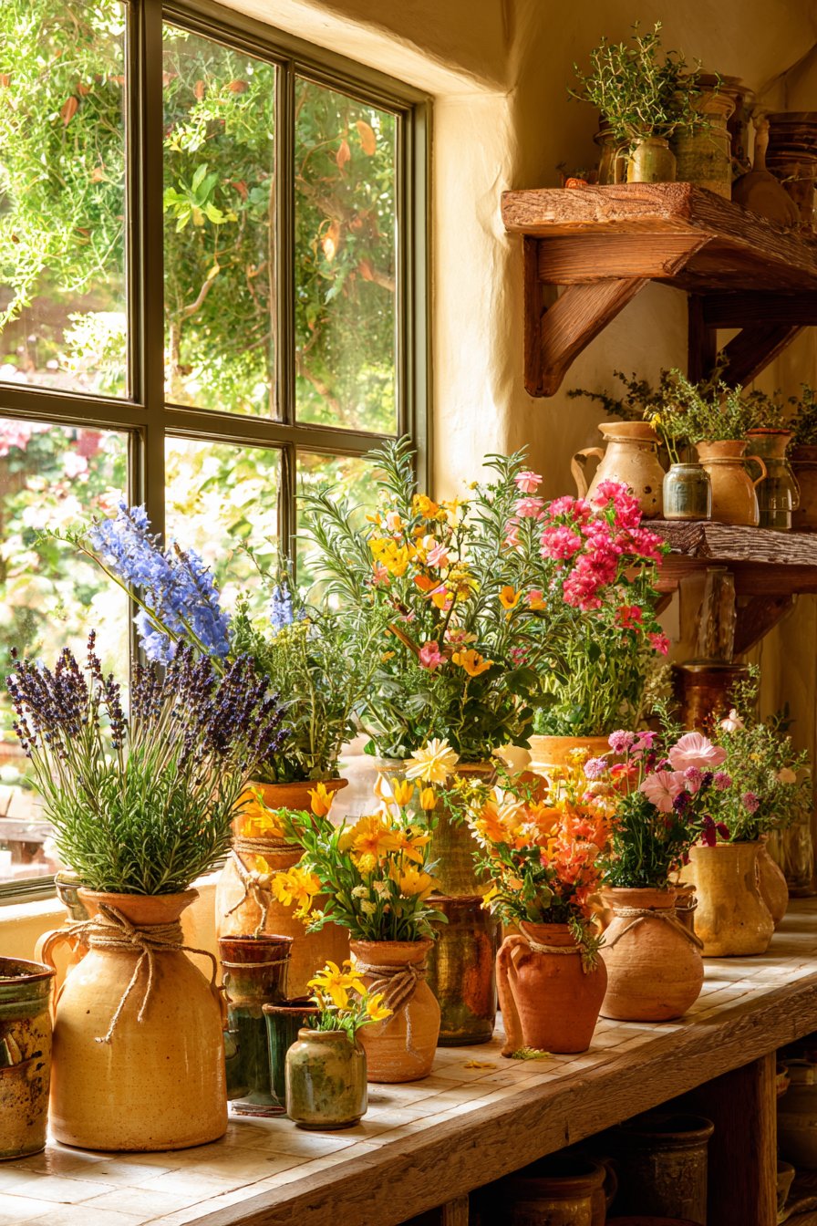 Fresh Herbs and Flowers in Simple Vessels
